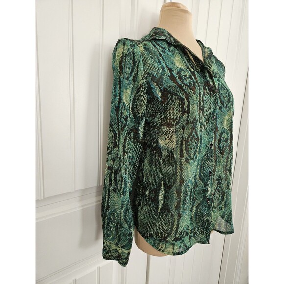 New Directions Green Snake Print Blouse With Roll Tab Sleeves Sheer Size PM - Picture 3 of 9